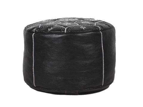 Moroccan Leather Tile Ottoman - Black and Silver