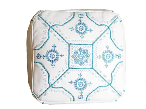 Moroccan Leather Tile Ottoman - Square - White with Turquoise Embroidery