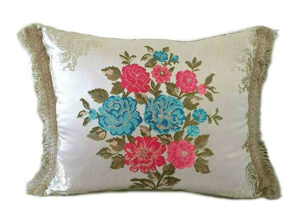 Moroccan Pillow / Cushion Cover - White, Turquoise and Pink Bouquet