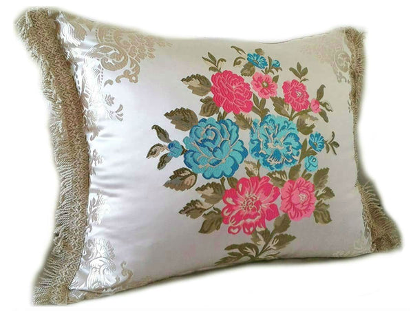 Moroccan Pillow / Cushion Cover - White, Turquoise & Pink Bouquet