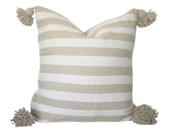 Moroccan Pom Pom Pillow - White and Beige Stripes