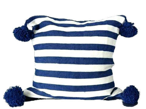 Moroccan Pom Pom Pillow - White and Dark Blue Stripes