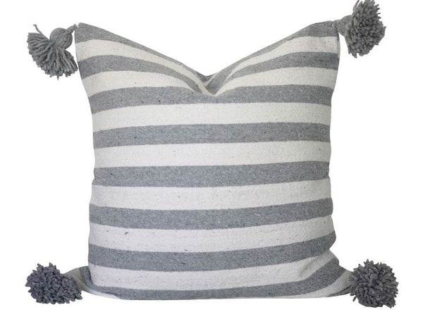 Moroccan Pom Pom Pillow - White and Grey Stripes
