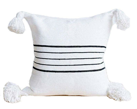 Moroccan PomPom Pillow - White with Black Stripes - Loukkos