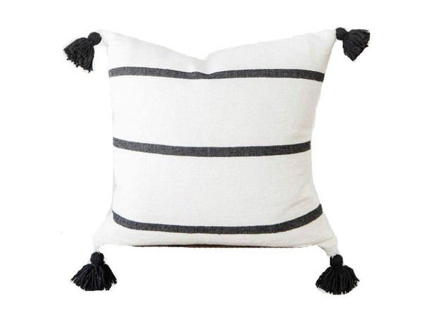 Moroccan Pom Pom Pillow - White with Black Stripes - Marrakesh