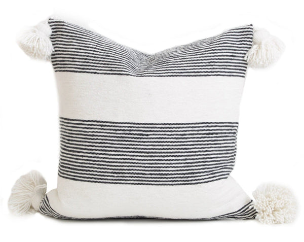 Moroccan Pom Pillow - White with Black Stripes - Nakhil - Pillows | Corridor®