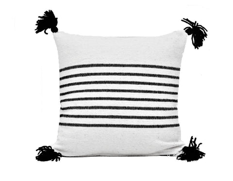 Moroccan Pom Pom Pillow - White with Black Stripes - Oum Rabie