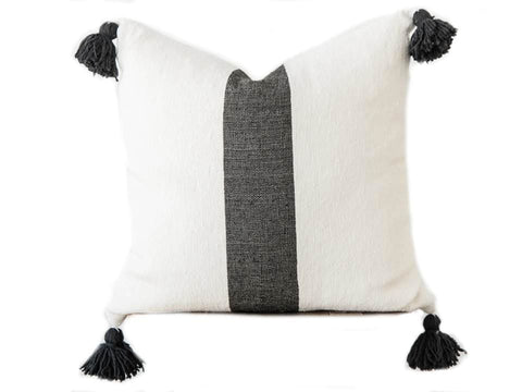 Moroccan Pom Pom Pillow - White with Large Black Stripe - Darâa