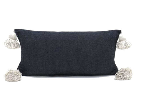 Moroccan PomPom Lumbar Pillow - Black with White Pom Poms