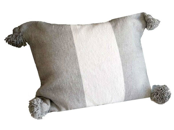 Moroccan PomPom Lumbar Pillow - Grey with Large White Stripe - Sabou - Moroccan Corridor