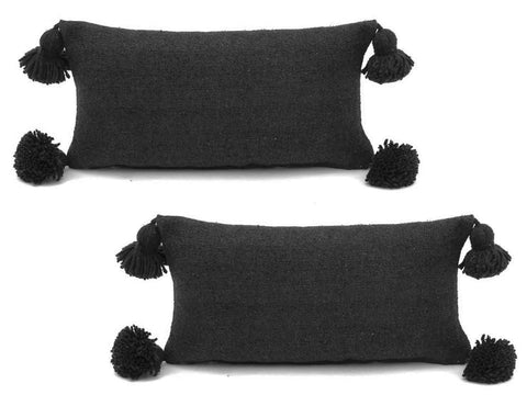 Moroccan Pom Pom Lumbar Pillow - Set of two - Black