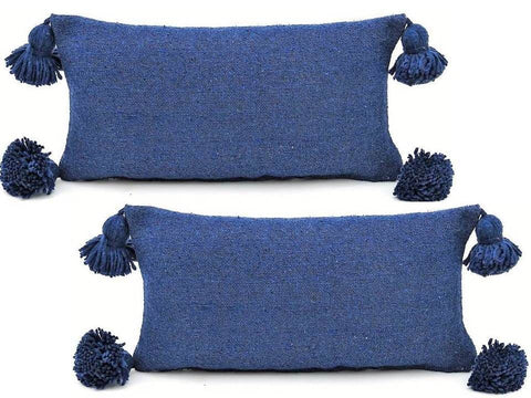 Moroccan PomPom Lumbar Pillow - Set of two - Blue