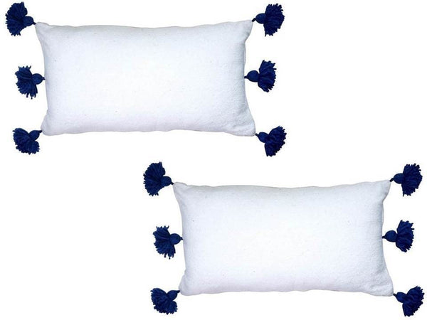 Moroccan PomPom Lumbar Pillow - Set of two - White with Blue Pom Poms