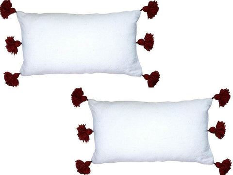 Moroccan PomPom Lumbar Pillow - Set of two - White with Red Pom Poms