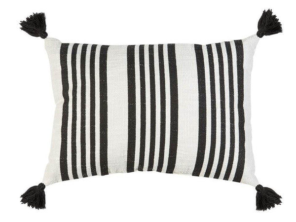 Moroccan PomPom Lumbar Pillow - White with Black Stripes - Boho Chic