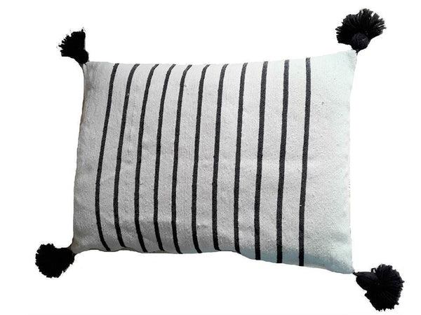 Moroccan Pom Pom Lumbar Pillow - White with Black Thin Stripes