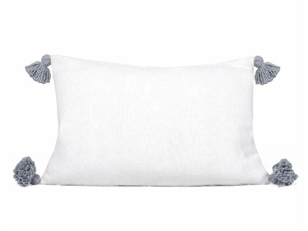 Moroccan PomPom Lumbar Pillow - White with Grey Pom Poms