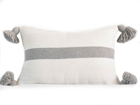 Moroccan PomPom Lumbar Pillow - White with Large Gray Stripe - Darâa