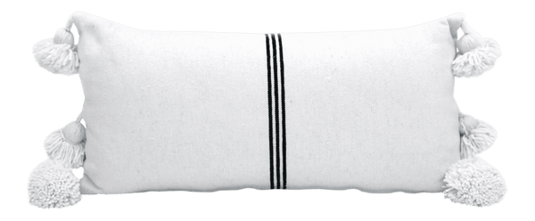 Moroccan PomPom Lumbar Pillow - White with Thin Black Stripes - Dakhla - Pom Pillows | Corridor®