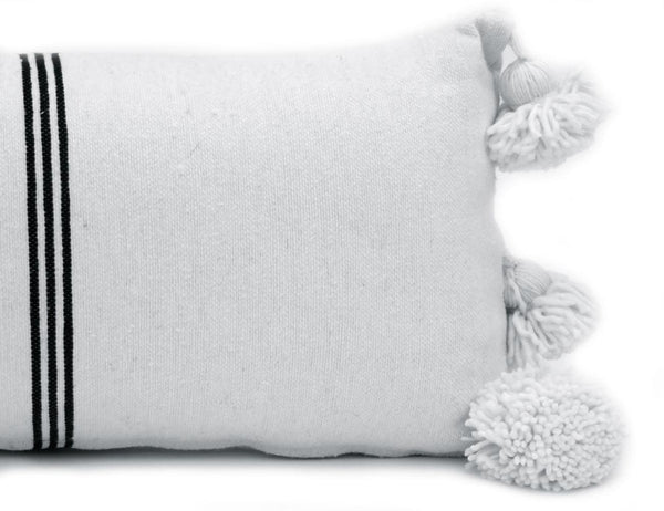 Moroccan PomPom Lumbar Pillow - White with Thin Black Stripes - Dakhla - Pom Pillows | Corridor®