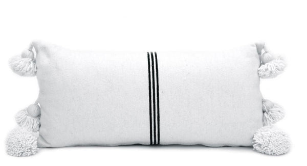 Moroccan PomPom Lumbar Pillow - White with Thin Black Stripes - Dakhla - Pom Pillows | Corridor®