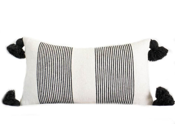 Moroccan PomPom Lumbar Pillow - White with Large Black Stripe - Sabou