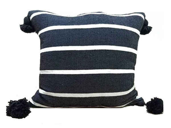 Moroccan PomPom Pillow - Black with White Stripes