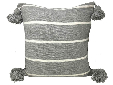Moroccan PomPom Pillow - Grey with White Stripes
