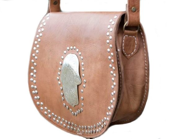 Morocco Gypsy Leather Bag - Hamsa Médaillon - Natural Color