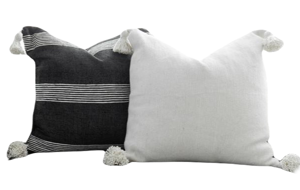 Moroccan Pom Pom Pillow - Square - Set of two - Black Layali - White & Black