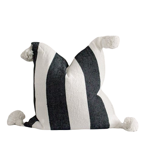 Moroccan Pom Pom Pillow - White with Large Black Stripes - Atlas
