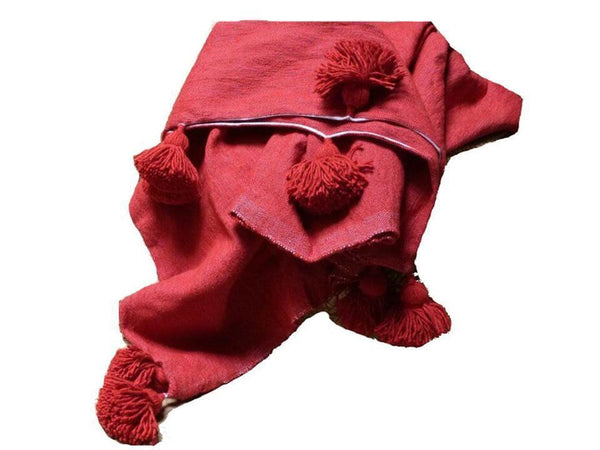 Moroccan Pom Pom Blanket - Red