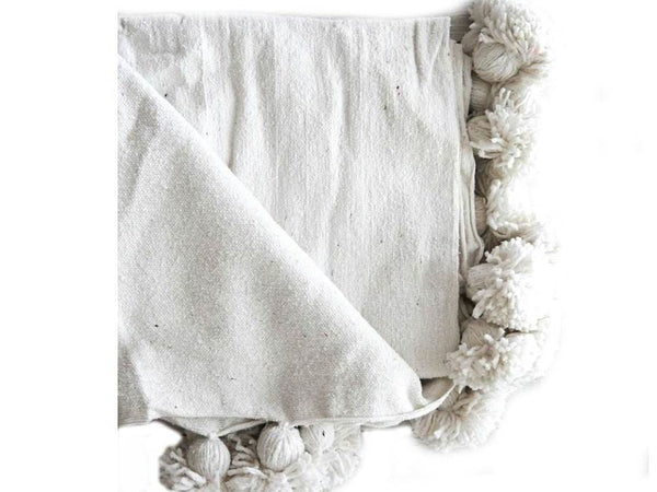 Moroccan Pom Pom Blanket - White - Moroccan Corridor