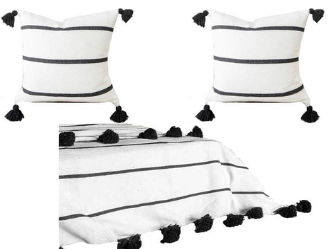 Moroccan Pom Pom Blanket with two Pillows - White with Black Stripes - Marrakesh