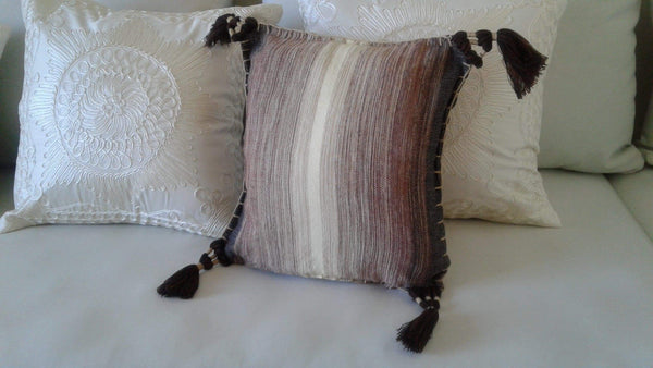 Pompom Cushion Cover | Brown And White - L - Handwoven Cushion Covers | Moroccan Corridor