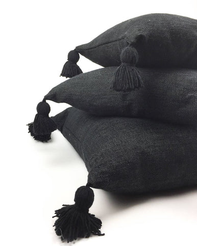 Moroccan Pom Pom Pillow Cover - Black