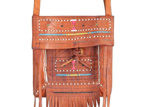 Tuareg Leather Purse - Brown Caramel - Embroidered