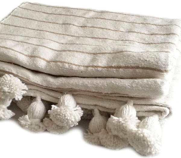 Moroccan Handloomed Pom Pom Blanket - Beige and Ivory White Striped PomPom Blanket | Moroccan Corridor