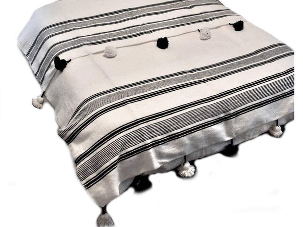 Moroccan Pom Pom Blanket - White with Black Stripes - Al Marrakeshi