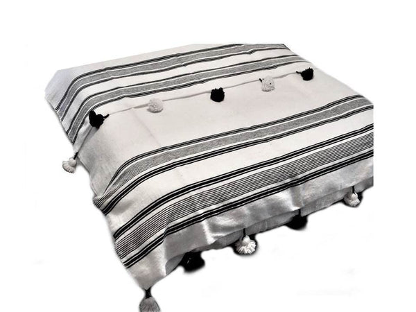 Moroccan Pom Pom Blanket - White with Black Stripes - Al Marrakeshi