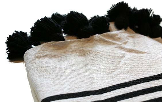Moroccan Handloomed Pom Pom Blanket - Black And Ivory White Striped Pompom Blanket - Extract | Moroccan Corridor
