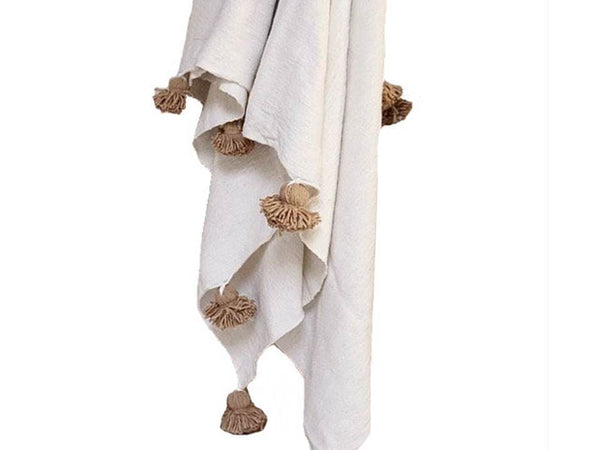 Moroccan Pom Pom Blanket - White with Colored Pom Poms - Moroccan Corridor