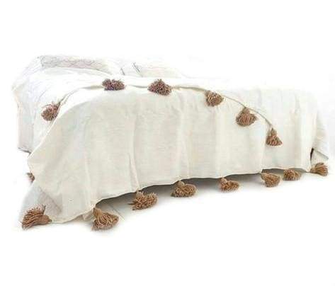 Moroccan Pom Pom Blanket - White with Beige Pom Poms
