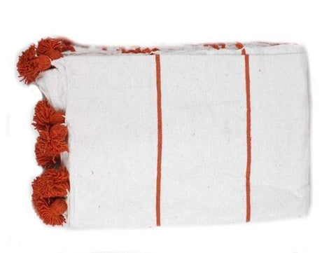 Moroccan Pom Pom Blanket - White with Red Stripes - Marrakesh